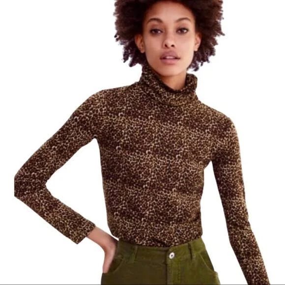 Zara Cheetah Animal Print Cow Neckline Black & Brown XL Long Sleeves Multicolor - Picture 1 of 6